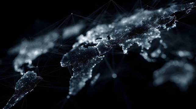 A glowing digital network of interconnected lines and nodes overlays a dark world map representing global communication and data flow