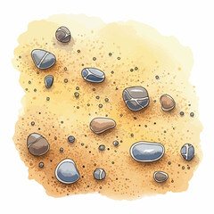 Pebble beach with smooth rocks scattered on golden sand, showing nature's artwork. Pebble beach includes small stones and rough grains, creating a realistic seascape.
