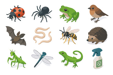 Fototapeta premium Mantis control pest natural hedgehogs wasps microbial icon spray spiders frogs ladybugs
