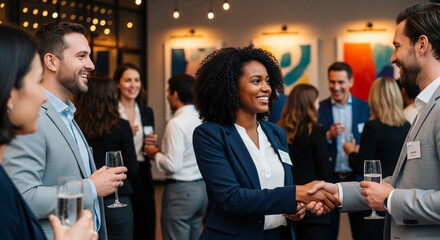 Business professionals networking and shaking hands at a social event, discussing ideas and making connections