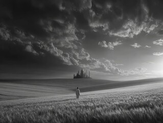 Fototapeta premium single man on a dirt road, loneliness, depression, black and white picture