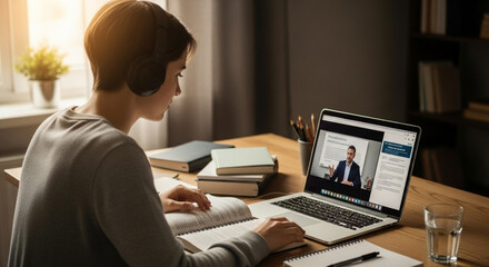 Young woman wearing headphones studies online from home using a laptop and notebook