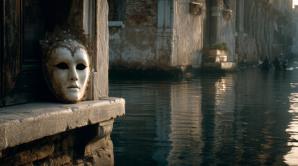 Venetian Mask on Stone Balcony Canal Reflections at Sunset