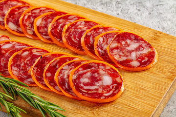 Spicy salami sausage in the cheese