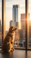 Golden Retriever Dog Sitting By Window At Sunset In Modern City Apartment