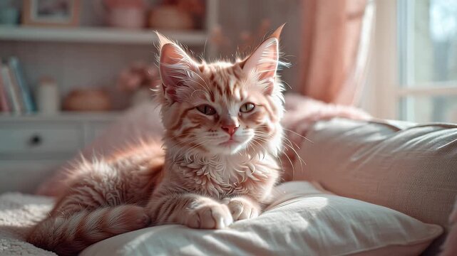 Ginger cat relaxing indoors on soft cushion daytime sunlight