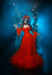 beauty face woman sugar skull make-up eyes lips art paint, long vintage style red dress crown with...