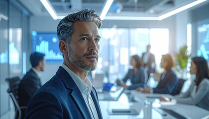 A suited presenter gestures toward global data visuals as colleagues engage in a tech-driven meeting.