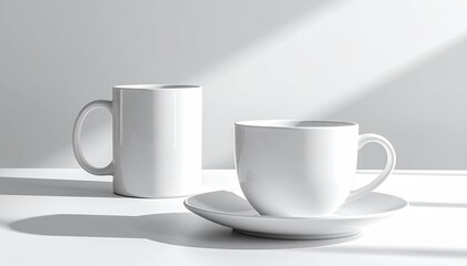 White ceramic cups cast soft shadows in a minimalist scene bathed in natural light.