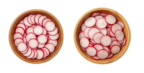 Obraz premium Top view of sliced red radish in wooden bowls isolated on transparent background for healthy salad ingredient and fresh vegetable concept