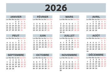 Classic annual calendar for 2026 in French for planning and organization. Days, weeks and months. Template.