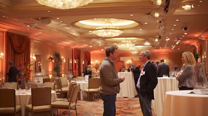 Business professionals converse in an ornately decorated ballroom during a social function