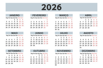 Classic annual calendar for 2026 in Portuguese for planning and organization. Days, weeks and months. Template.