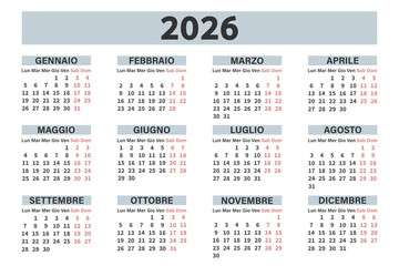 Classic annual calendar for 2026 in Italian for planning and organization. Days, weeks and months. Template.