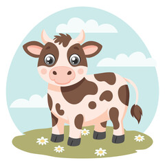 Cute cow in a sunny meadow with flowers. Farm animal with landscape. Illustration.
