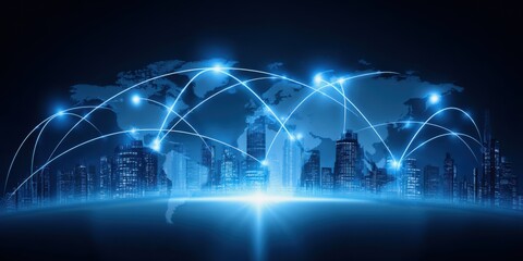 Investment and trade insights concept. A futuristic city skyline with glowing connections illustrating global networking and communication across the world.