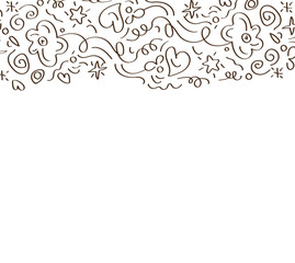 Doodle border with flowers stars hearts and swirls in black ink on a white background at the top edge