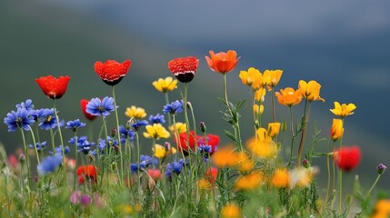 Obraz premium Stunning and vibrant wildflowers in bloom on a picturesque hillside landscape during the spring season The colorful array of petals creates a serene and tranquil natural scene in the countryside