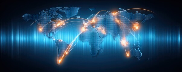 Investment and trade insights concept. A digital illustration of a world map with glowing connections, symbolizing global communication and interconnectedness.