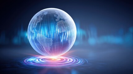 Investment and trade insights concept. A digital rendering of a glowing globe surrounded by abstract waves, symbolizing connectivity and technology.