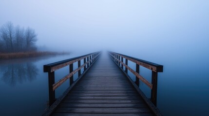 Obraz premium Tranquil wooden bridge crossing over a foggy reflective river at a serene atmospheric dawn The misty moody landscape creates a dreamlike mysterious ambiance