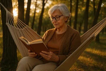 Senior woman reads a book in a hammock in the forest at golden hour, peaceful outdoor relaxation and mindful leisure.