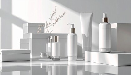 Minimalist skincare bottles reflect sunlight in a clean space, framed by windows and city views.