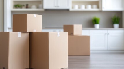 Cozy and inviting kitchen scene filled with unpacked groceries cardboard boxes and household items during the process of moving into a new home