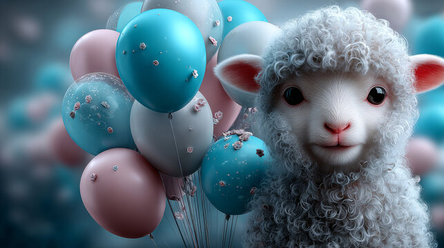 Birthday card design with a very cute sheep and balloons. EPS 10. Transparency. Gradients. - Powered by Adobe