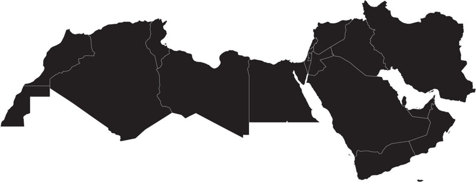 Arabic Countries Map Silhouette North Africa and Middle East with Political Lines