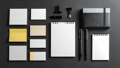 Minimalist flat lay of black-and-white stationery with plant accent on clean white surface.