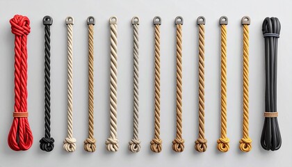 Colorful ropes hang in vertical loops, each tied with a distinct knot against a white backdrop.