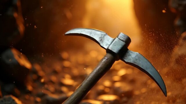Close-up of a miner swinging a pickaxe against a rocky wall in a dimly lit underground gold mine tunnel, dust and small rock fragments flying, warm amber lighting