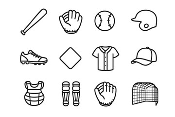 Vector mitt icon helmet cleats baseball bat uniform batting ball icons cage