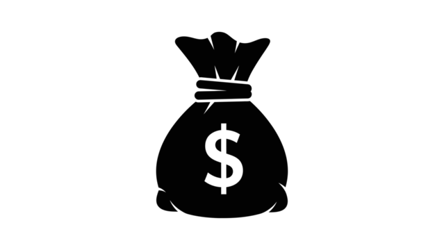 Black Money Bag Icon with Dollar Sign finance currency isolated on a transparent background