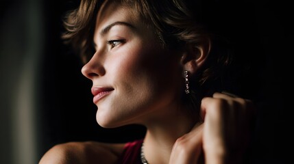 Naklejka premium Elegant woman in profile gaze directed downwards touching her delicate sparkling earring with a thoughtful expression dramatic lighting