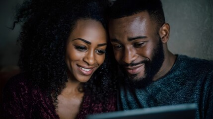 A smiling Black couple shares a joyful moment while intently watching content on a tablet together in a dimly lit indoor setting