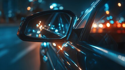Close up view captures distorted city lights reflected in a vehicle's side mirror during night travel