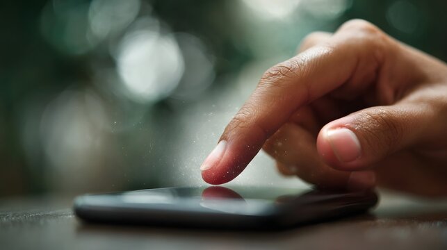 A finger taps on a glowing smartphone screen amidst blurred lights and floating particles representing digital connection