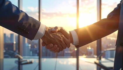 Two professionals shake hands at sunrise, silhouetted against a glowing city skyline.