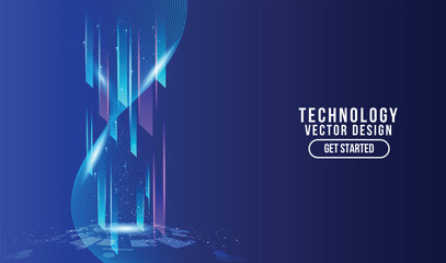 Technology Vector Background – Glowing Blue and Purple Bars with Digital Grid and Futuristic Particle Effects