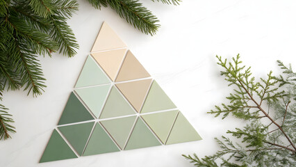 Nature inspired geometric triangle color palette with evergreen sprigs for design projects