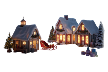 Christmas village with snow isolated on transparent background for festive decoration
