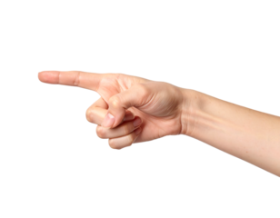 A close-up shot of a single hand making a pointing gesture with the index finger, directed horizontally to the left, isolated against a light gray background.