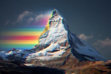 A massive snow covered mountain peak stands against a dark sky with vibrant horizontal rainbow glitch effects present.