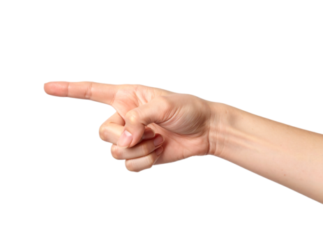 A close-up shot of a single hand making a pointing gesture with the index finger, directed horizontally to the left, isolated against a light gray background.