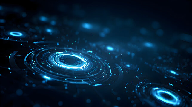 Close up of glowing blue circles and lines on a dark surface resembling technology interface
