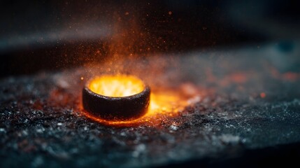 A close up shot of a ring being heated in molten metal with glowing sparks flying symbolizing intense craftsmanship in a workshop setting