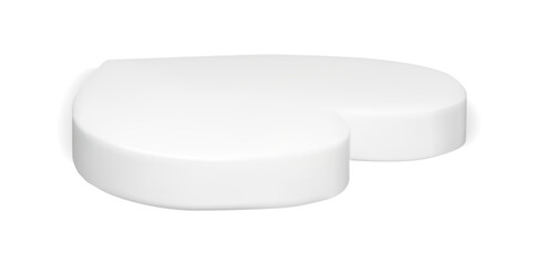 3d heart platform for Valentine. Love shape display pedestal for studio room. White stand mockup for cute presentation. Modern isolated empty floor for cosmetic. Abstract perspective view rendering.