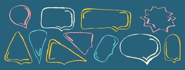 Crayon speech frame and text box. Chalk talk icon and pencil drawn line. Cute sketch brush balloon for chat. Childish dialogue bubble with scribble decoration design. Comic speak ornament element.